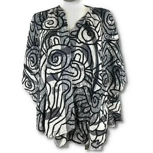 Chico’s shawl sweater one size black gray artsy geometric print open front
